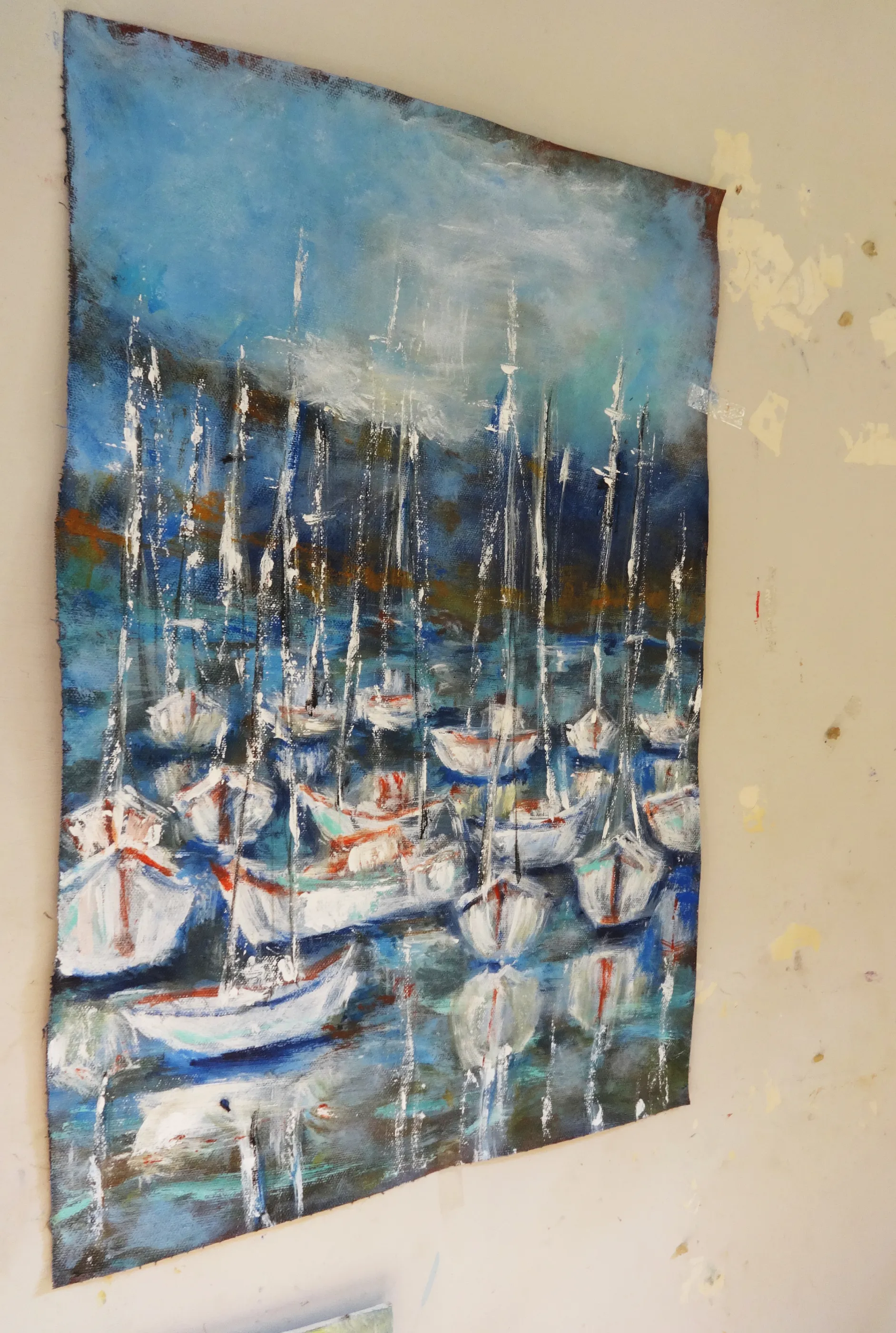 Sailboats at Harbor Semi Abstract Acrylic Painting - View 2
